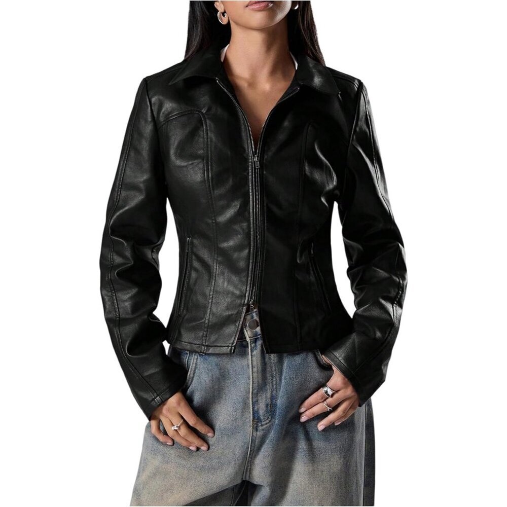 Women's Cropped Faux Leather Jacket Long Sleeve Zip Up Vintage Motorcycle Black